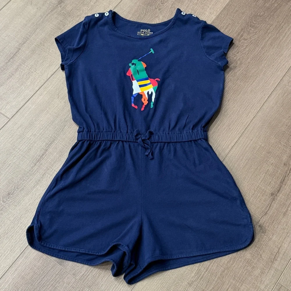 Polo Ralph Lauren Girls Navy Blue Cotton Jersey Pony Romper Girls M 8-10 - Picture 2 of 8